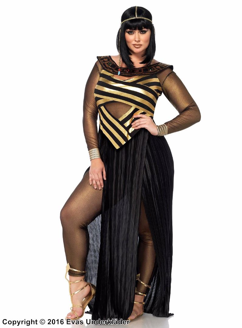 Egyptisk dronning Kleopatra, kostyme-kjole, gullskimmer, striper, plus size